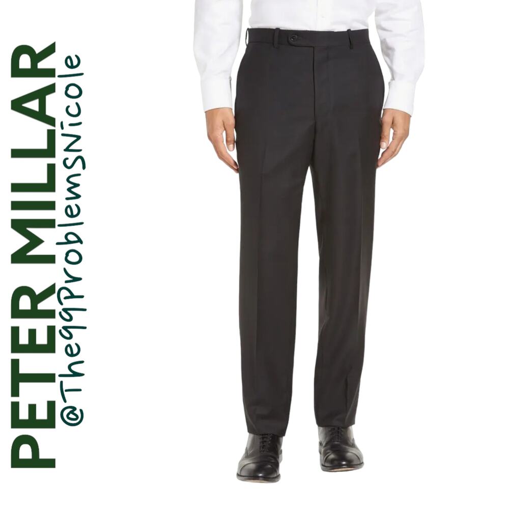 Peter Millar Flynn Classic Fit Solid Wool Dress Pants in Black
